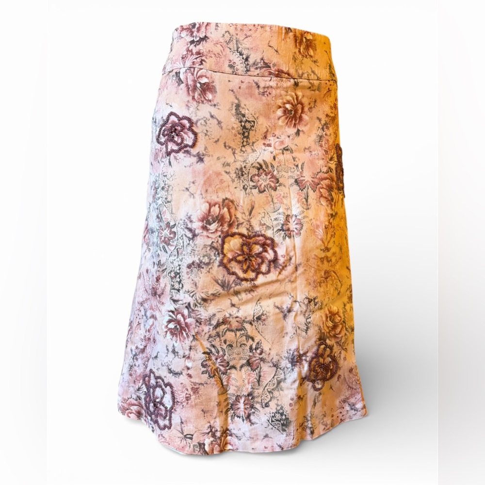 Dusty pink floral A line cottage midi skirt with purple beading. Stretch cotton